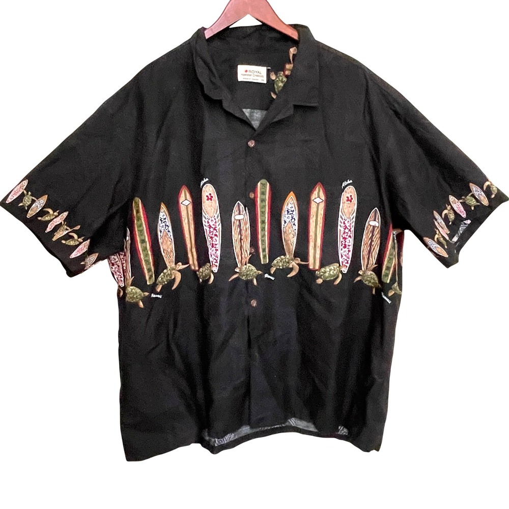 Royal Hawaiian Creations Mens 4XL Black Surfboard Turtle Aloha Shirt Hawaii Made